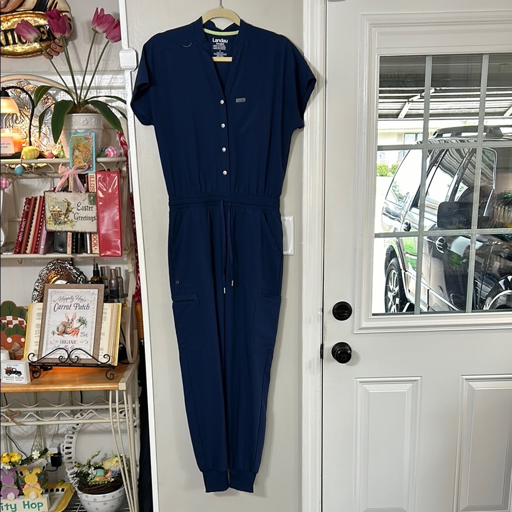 Landau Forward Women's 8-Pocket Cargo Scrub Jumpsuit size small Navy
